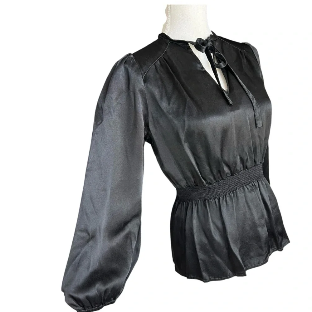 Vintage 70s Black Satin long sleeve Blouse chic retro neutral minimalist